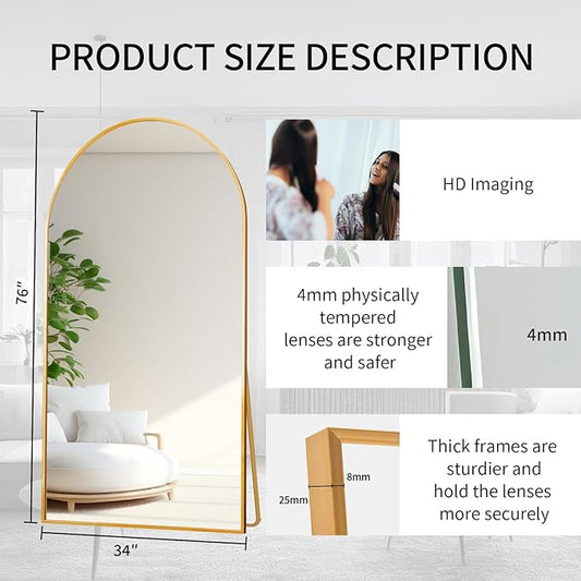 Beauty4U Arched Full Length Mirror 76" x 34", Gold Large Full Body Mirror with Stand, Floor Standing & Wall Mounted HD Tempered Glass Dressing Mirror for Bedroom, Living Room, Entryway
