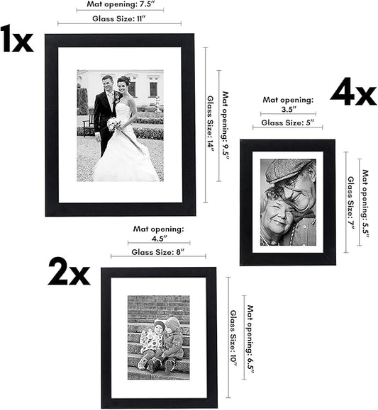 Americanflat Set of 7 Picture Frames with Shatter-Resistant Glass - Gallery Wall Frame Set with One 11x14, Two 8x10 and Four 5x7 Frames - Signature Collection - Black