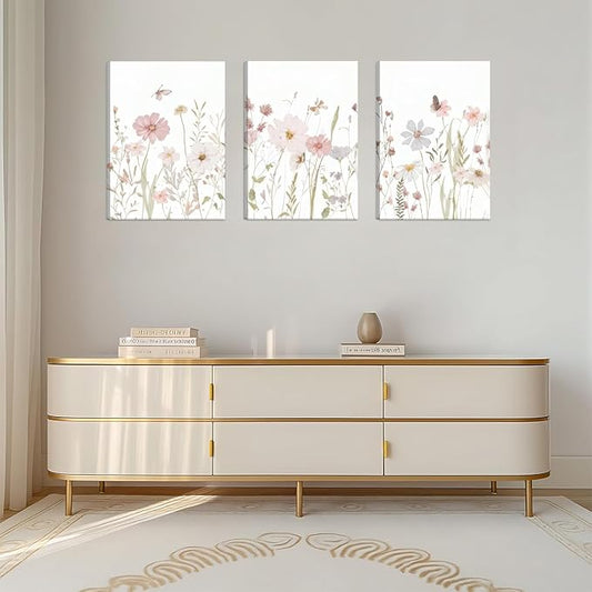 Yxjyzzkx Floral Canvas Wall Art Set of 3, Botanical Triptych Canvas Prints Wall Decor, Soft Pastel Flower Painting for Living Room Bedroom Bathroom, Waterproof Fade Resistant, 16x12 Inch Each