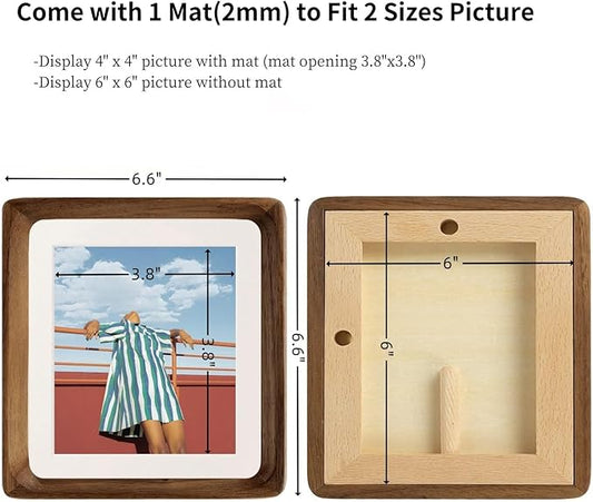 FLECHAZO 6x6 Picture Frame, Natural Walnut Wood 6x6 Frame with Mat for Pictures 4x4, Square Wall Gallery Photo Frame for Wall Mounting and Tabletop Display