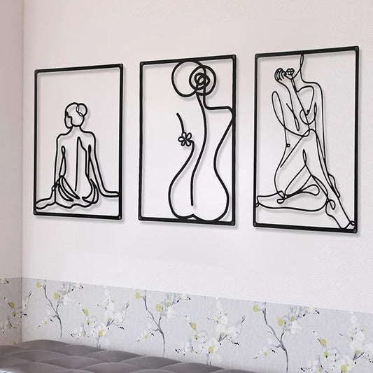 CHENGU 3 Pieces Metal Minimalist Abstract Woman Wall Art Line Drawing Wall Art Decor Single Line Female Home Hanging for Kitchen Bathroom Living Room