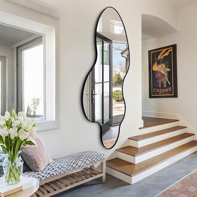 Large Irregular Mirror, 60"x30" Asymmetrical Wall Mirror with Metal Frame, Modern Organic Shaped Mirrors for Living Room Bedroom Hallway Entryway Fireplace, Horizontal or Vertical Hanging