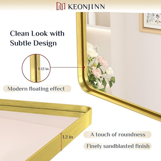 Keonjinn Gold Bathroom Mirror for Over Sink, 30" x 30" Brushed Brass Mirror, Large Rounded Rectangle Gold Vanity Mirror with Metal Frame, HD Tempered Glass Square Wall Mirror(Horizontal/Vertical)