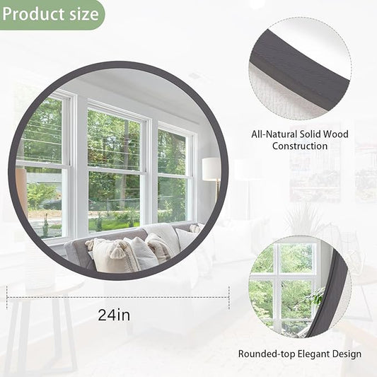 JJUUYOU Large Round Mirrors for Wall Circular Mirror for Bathroom 24 Inch Mirror Wood Framed Round Bathroom Make up Mirrors for Living Room Wall Mounted Bedroom Dorm