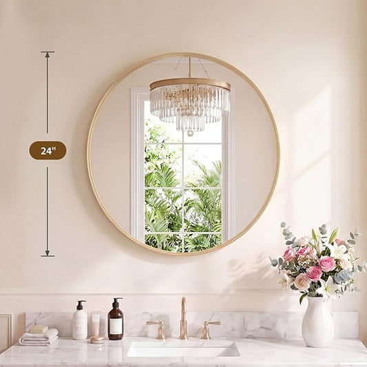 NEWBULIG 24-Inch Round Wall Mirror, Bathroom Wall Circle Mirror with Metal Frame, Bathroom Decor for Entryway, Living Room, Vanity, Gold