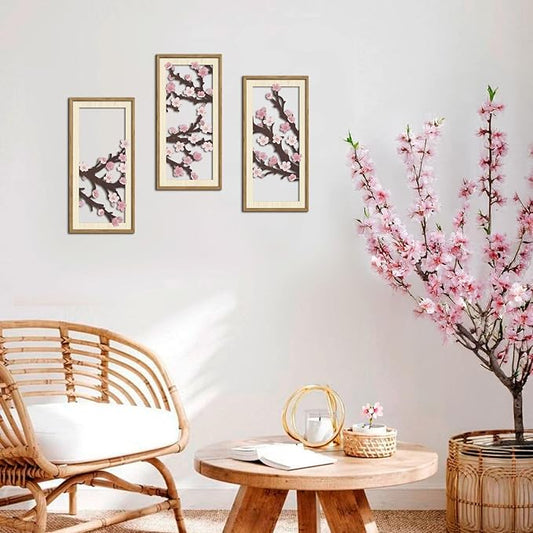 IARTTOP Cherry Blossom Wood Wall Decor Set of 3 Pink Flower Wall Art Japanese Sakura Tree Artwork Farmhouse Minimalist Botanical Print Decor for Living Room Bedroom Framed 7.9 x15.8 Inch