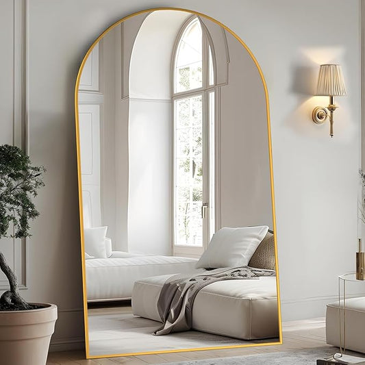 44"×88" Arched Full Length Floor Mirror, Standing Mirror with Aluminum Frame, Large Body Mirror of Free Standing/Wall Mount/Leaning for Bedroom, Living Room, Dressing Room, Gold
