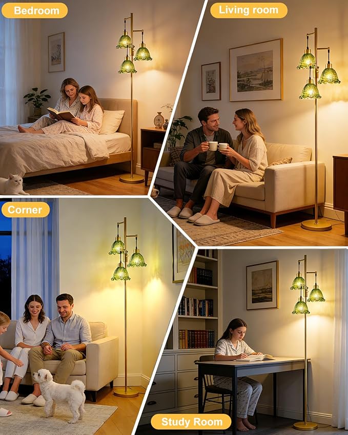 3-Light Modern Glass Floor Lamp, Gold Standing Tall Lamp with Green Lily Glass Shade for Reading, Dimmable LED Floor Lamp with 5Lbs Heavy Base for Living Room Bedroom Home Decor, Bulb Included