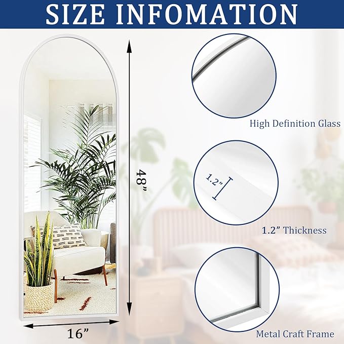 White 48"x16" Arched Full Length Mirror, Large Bathroom Wall Mirror Metal Aluminum Frame Modern Simple Home Decor for Living Room Bedroom Cloakroom