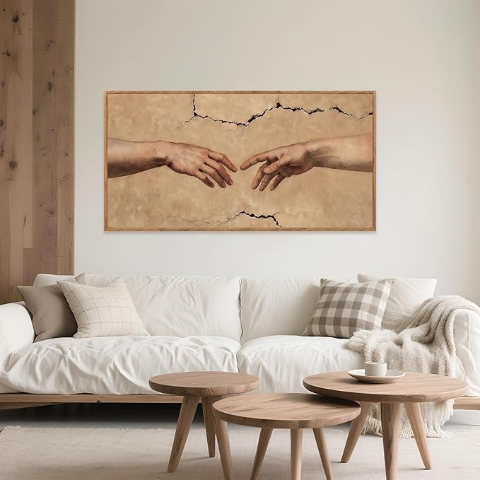 Aurlan The Creation of Adam Framed Wall Art(40"x20"), Large Christian Religious Hands of God Canvas Artwork, Classic Earth Tone Michelanglo Graffiti Street Art Decor for Home Office Bedroom