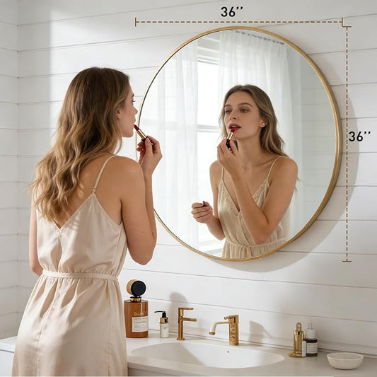 NEWBULIG 36 Inch Round Wall Mirror, Bathroom Mirror for Over Sink, Matte Metal Framed Circle Vanity Mirror, Wall Decor for Bedroom, Entryway, Anti-Rust, Tempered Glass, Hanging or Leaning, Gold