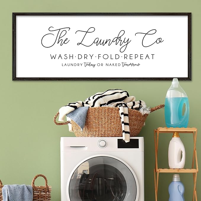 Laundry Room Wall Decor 32"×12" Laundry Today Or Naked Tomorrow Sign Wash Dry Fold Repeat Large Funny Farmhouse Vintage Quote Humorous Hanging Art (Black)