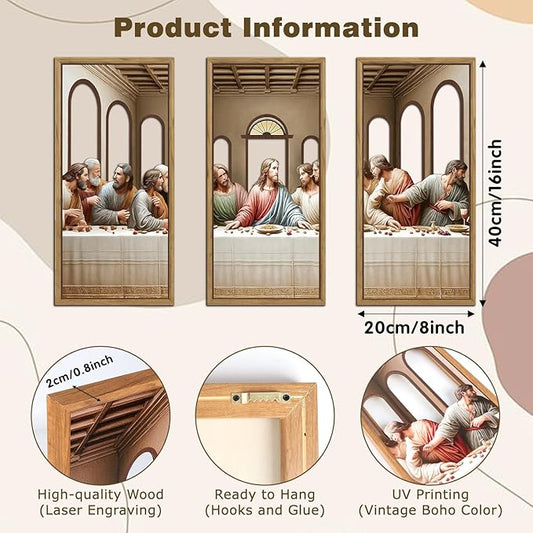 KAIRNE 3Pcs Jesus Last Supper Wall Art,Christian Wooden Wall Decor,Religious Faith Wood Hanging Decor,Bible Verse Artwork,Scripture Jesus Art for Living Room Dining Room Bedroom Decoration,Framed