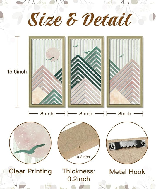 Putuo Decor Boho Mountain Wall Decor Set of 3, Rustic Farmhouse Wooden Wall Art, Nature-Inspired Geometric Artwork, Mid-Century Modern Aesthetic for Living Room Bedroom Entryway, Pink