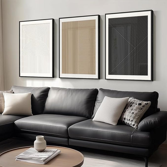Framed Modern Large Black and White Abstract Wall Art for Living Room, Set of 3 Piece Boho Neutral Minimalist Canvas Paintings Wall Decor Art Prints, Pictures Artwork for Office Dining 24x36 Inch