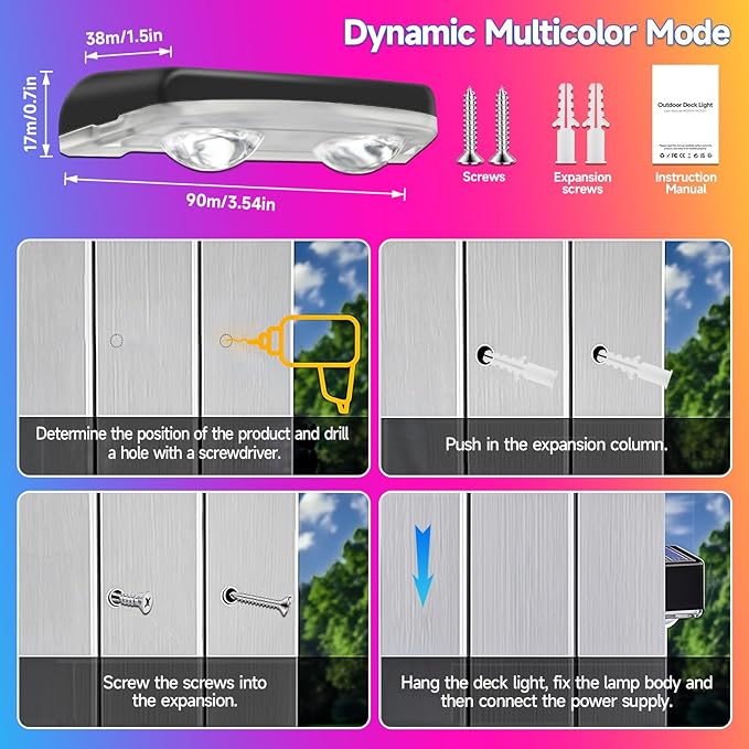 AHAWILL Outdoor Fence Lights,7 Fixed Colors & Color Changing Modes,IP67 Smart Fence Lighting with Remote Control,App Control,LED Light for Outdoor Decor,Wired 16 Packs (100ft)