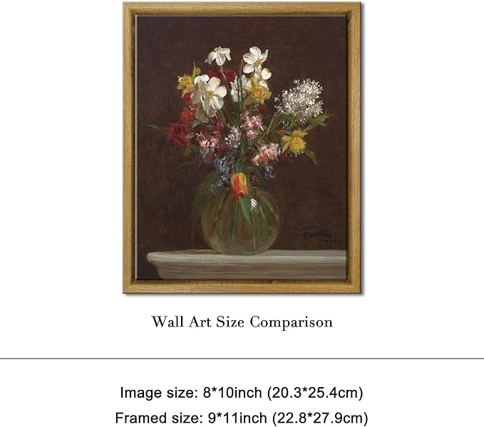 Pyradecor Vintage Framed Canvas Wall Art Retro Farmhouse Decor Flowers in Vase Canvas Prints Classical Floral Painting Artwork for Bedroom Office Decorations