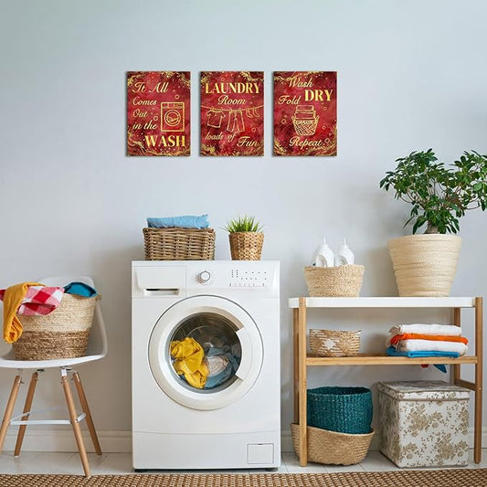 sechars Laundry Room Wall Art Wash Dry Fold Laundry Sign Painting Canvas Prints Red and Gold Bathroom Laundry Decor (Red)