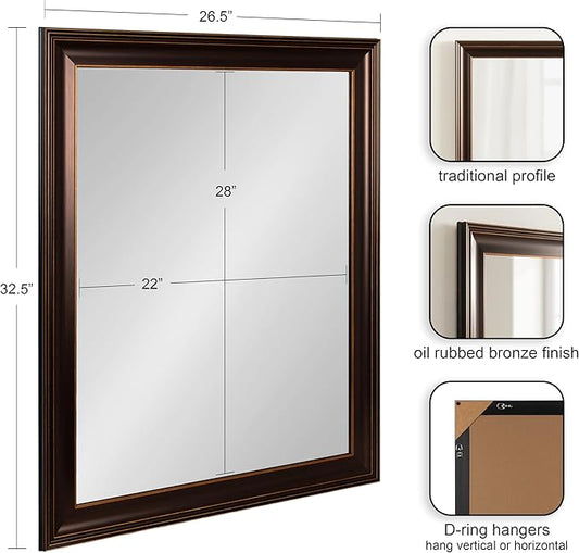 Kate and Laurel Galiano Traditional Framed Rectangle Bathroom Vanity Mirror, 27 x 33, Bronze, Classic Rectangular Bathroom Mirror for Over Sink or for Use as Entryway or Living Room Decor