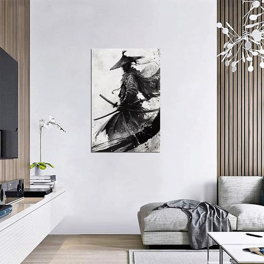 Black and White Warrior Wall Decor Japanese Samurai Wall Art Prints Vintage Japanese Cultural Samurai Pictures Canvas Painting Framed for Living Room Bathroom Bedroom Office (12''W x 16''H)