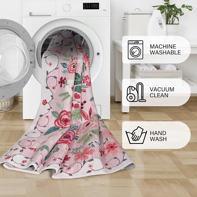 DUKINO 3x10 Runner Rug for Hallway, Washable Kitchen Floral Runner Rug with Non Slip Backing, Low Pile Soft Boho Carpet for Kitchen, Hallway, Entryway, Laundry, Bedroom, Pink
