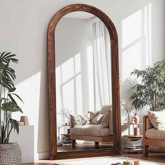 Antok Full Length Mirror with Solid Wood Frame, 71"×32" Wall Mounted Oversized Floor Mirror with Stand, Leaning Standing Hanging for Bedroom Living Room Entryway, Walnut, Arched Syle