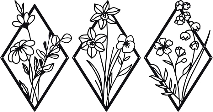 ShxTrade 3 Pcs Metal Flowers Wall Arts, Rustic Farmhouse Decor Minimalist Flower Wall Decors Natural Themed Home Decorations for Bathroom Kitchen Living Room Bedroom (Black)