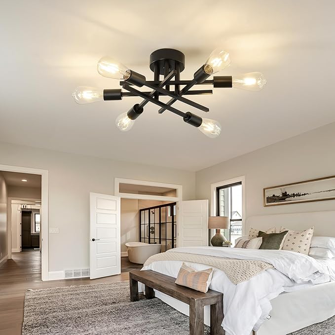 Semi Flush Mount Motion Sensor Ceiling Light Fixture,6 Lights Black Vintage Matte Sputnik Chandelier Ceiling Lamp with E26 Bulb Base for Farmhouse Dining Room Living Room Bedroom Study Kitchen