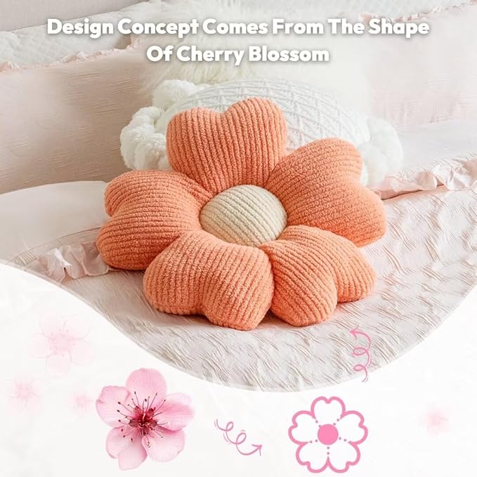 Sioloc Flower Shaped Throw Pillow, Fun Daisy Pillow, 15.7" Light Orange Flower Pillow Cute Decorative Seat Cushion Aesthetic Flower Plush Pillows for Bed Floor Couch Chair