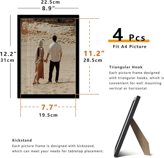 A ART·ZONE Black Picture Frames - A4-4 Pack Photo & Poster Frame Set for Wall Decor & Tabletop Display, Minimalist Black Frame Collection