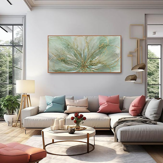YJYart Green Abstract Canvas Artwork Flowers Wall Decor for Office Line Art Painting 24"x 48" Pictures for Bedroom Dining Room Neutral Wall Art