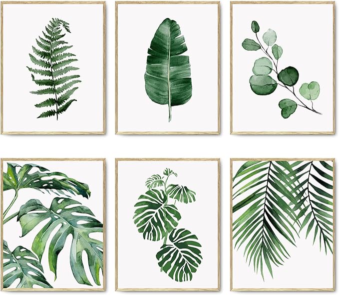 HoozGee Botanical Wall Art Prints Set of 6 Tropical Leaves Canvas Decor Plant Leaf Boho Wall Decor Pictures Green Boho Posters Art Set Bathroom Wall Art Poster (11"x14" UNFRAMED)