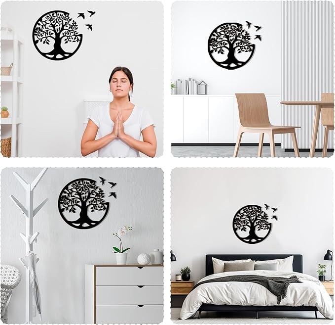 Tree of Life Wall Art Wooden Tree Life Wall Decor with Three Birds 12 Inch Round Family Tree Life Wall Hanging Plaque for Bedroom Living Room Kitchen Office Farmhouse Decor Indoor Outdoor (Round Tree of Life - Black)