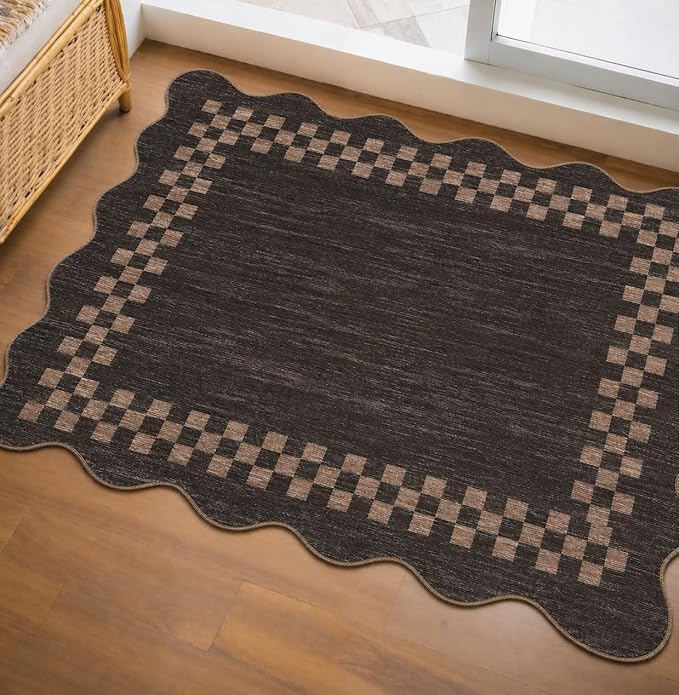 Small Area Rug 2x3 Modern Checkered Entry Rug Solid Color Scalloped Kitchen Rugs Washable Bedroom Doormat Non Slip Stain Resistant Bordered Throw Carpet for Living Room Nursery Laundry, Brown