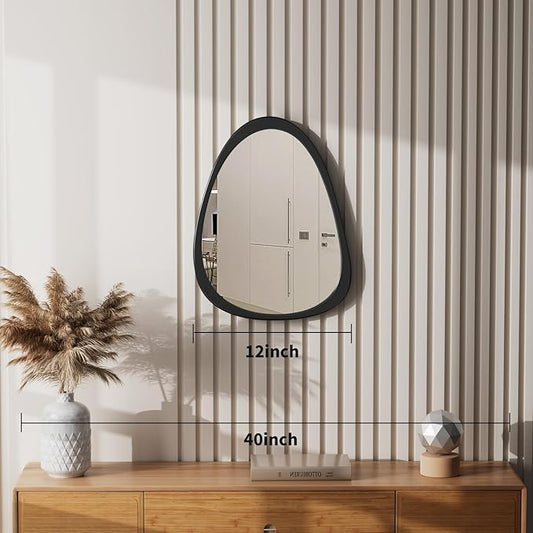 15" X 12" Irregular Wall Mirror, Black Wooden Framed Mirror, Asymmetrical Wall Mirror for Living Room Bedroom Bathroom Entryway, Small Modern Decorative Hanging Hook Style Mirror