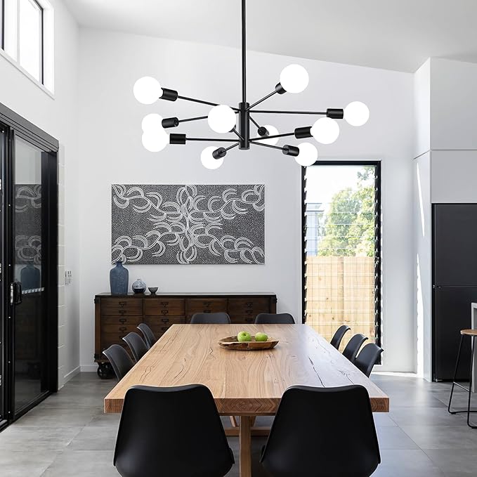 RUIYEY Modern Sputnik Chandeliers Light, 10-Light Black Chandeliers for Dining Room, E26 Height Adjustable Chandelier Ceiling Lighting Fixture for Farmhouse Kitchen Island Living Room Foyer