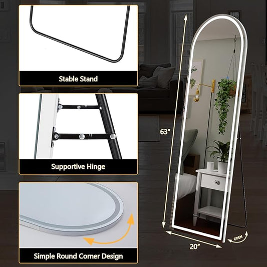 Sweetcrispy Arched Full Length Mirror with LED Lights, 63"x21" Lighted Full Body Floor Mirror with Dimming & 3 Color Lighting, Stand for Bedroom, Dressing Room, White