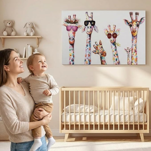 Bansky Graffiti Art Giraffes Family Wear Glasses Canvas Prints and Painting Giclee Art Wall Artwork for Living Room Office Wall Decoration Framed and Streched Ready to Hang - 24x36 inch