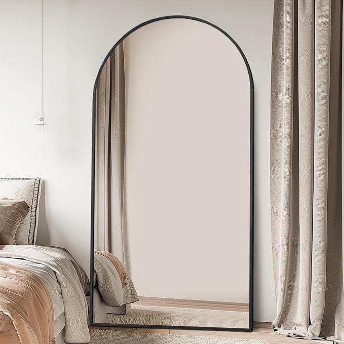 Beauty4U 76" x 37" Arched Full Length Mirror with Stand, Large Floor Mirror for Bedroom & Living Room, HD Tempered Glass Wall Mounted or Leaning Dressing Mirror, Black Metal Frame