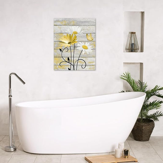 HVEST Vintage Floral Yellow Canvas Wall Art Daisy and Butterfly on Farmhouse Wooden Wall Decor for Bedroom, Country Wildflower Framed Wall Art for Living Room Office Dorm Home Decor,20L X 16W inches