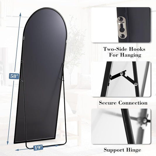 NEWBULIG Arched Mirror Full Length, 58"x19" Body Wall Mirrors with Shatter-Proof Glass, Upgraded Floor Standing Mirror, Hanging or Leaning, with Stand Aluminum Alloy Frame for Home Decor, Black