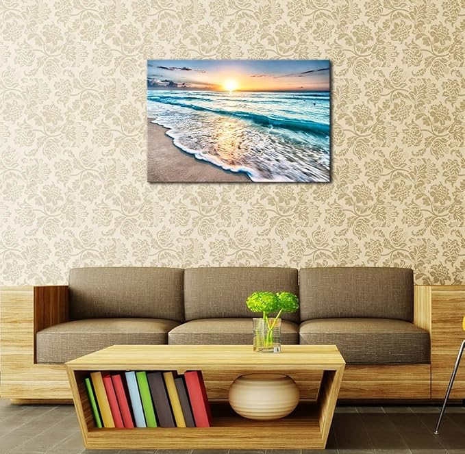 Wieco Art Sea Waves Large Canvas Prints Wall Art Ocean Beach Pictures Paintings Ready to Hang for Living Room Bedroom Home Decorations Modern Stretched and Framed Seascape Giclee Artwork
