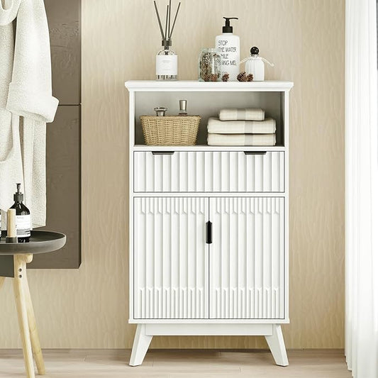 Fatmok Buffet Cabinet with Storage Set of 3, 40" Modern Fluted Coffee Bar Cabinet with Drawer & Open Shelf, Wood Buffet Sideboard Console Table for Entryway, Kitchen, Living Room (White)