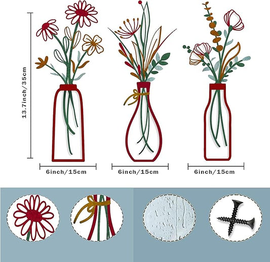 3 Pieces Metal Flowers Wall Arts - Rustic Farmhouse Style Décor Metal Wall Art Black Minimalist Flower Natural Themed Wall Decors for Home Bedroom Dining Room Housewarming (Red)