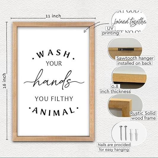 Wash Your Hands Ya Filthy Animal Sign 16"×11" Bathroom Restroom Toilet Laundry Room Humorous Wall Art Decor Funny Quote Washroom for Wood Framed Wall Hanging (Wood)