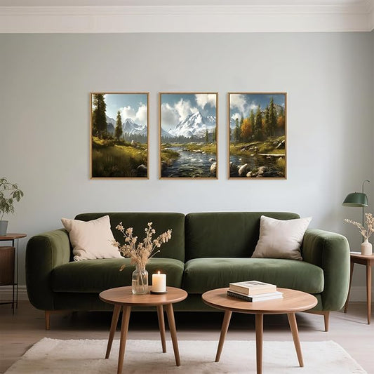 Watercolor Sage Green Mountain Woodland Framed Canvas Wall Art Set,Modern Wilderness River Grassland Wall Decor,Natural Rustic Forest Landscape Artwork for Living Room,Farmhouse- 24"x36"x3