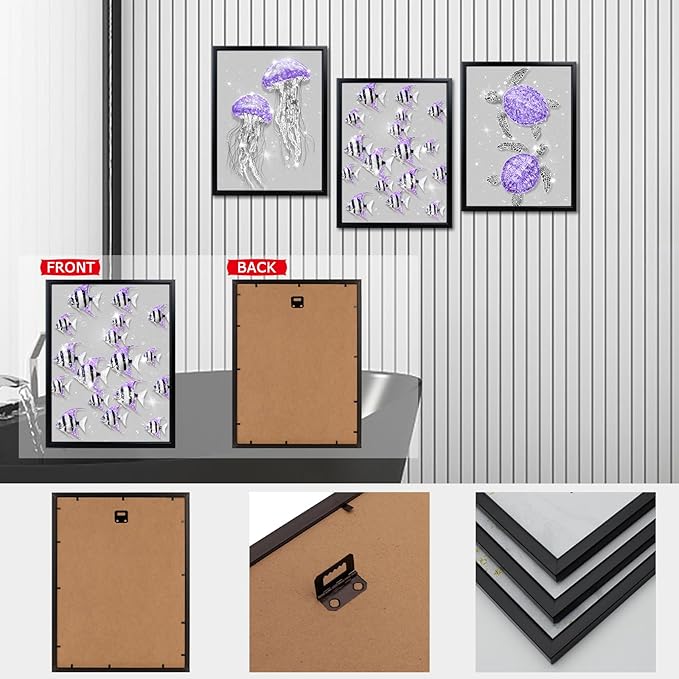 sechars Ocean Animal Wall Art Jellyfish Fish Sea Turtle Picture Prints Glam Blue and Grey Bathroom Decor Framed Artwork (Purple)