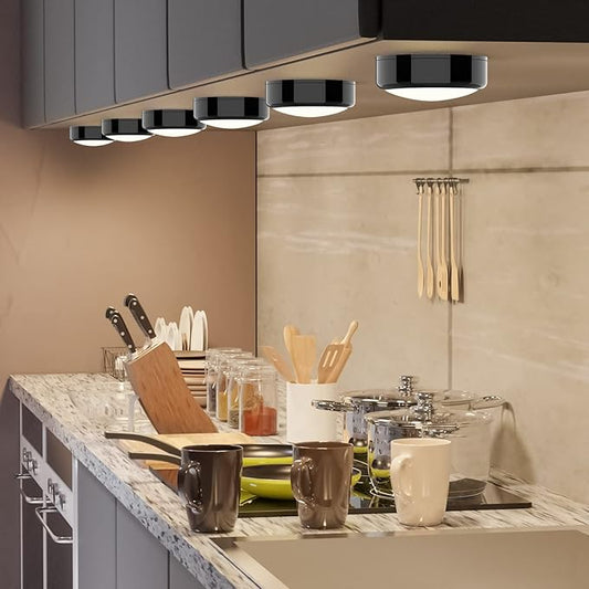 HELPLEX LED Puck Lights with Remote, 12 Pack Color Changing RGBW Stick-On Light, Battery Powered, Dimmable Under Cabinet Lighting with Timer & Memory, Wireless Push Lights for Kitchen & Closet, Black
