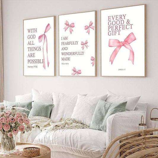 JBZDD Coquette Pink Bow Wall Art Decor Posters Set of 3, Inspirational Bible Verses Pictures Prints Coquette Aesthetic for Girls Room College Apartment Living Room Bedroom Unframed 16x24 In