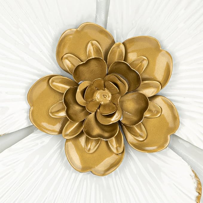 DILATATA 3 Pcs Metal Flower Wall Art Set 10 Inch Rustic Modern Floral Sculpture 3D Metal Flower Wall Hanging Accent for Indoor Living Room Bedroom Kitchen Bathroom Garden Patio Decor - White
